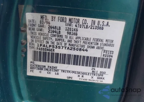 1996 Ford Taurus Lx from USA, damaged, VIN 1FALP53S7TA250844